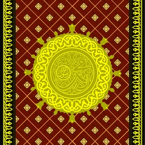 Könnte beinhalten: Ein schwarzer und goldener islamischer Gebetsteppich mit einem roten und goldenen geometrischen Muster. Der Teppich hat einen großen, verzierten Kreis in der Mitte mit arabischer Kalligraphie. Der Teppich ist mit einem schwarzen und goldenen Muster eingefasst.