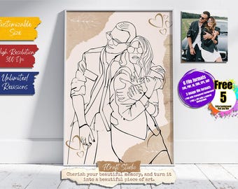 Retrato fotográfico personalizado en estilo lineal, regalo personalizado para aniversario de boda (descarga digital)
