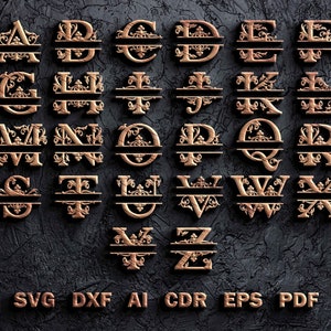 Op de afbeelding: Een set van 26 sierlijke, goudkleurige, gesplitste monogramletters met ingewikkelde bloemmotieven. Elke letter wordt gescheiden door een horizontale lijn. De letters zijn alfabetisch gerangschikt en worden weergegeven tegen een donkere, getextureerde achtergrond. De letters zijn geschikt voor knutselprojecten, zoals gepersonaliseerde geschenken, woonaccessoires en scrapbooking.