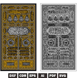 Pode incluir: Uma ilustração em preto e branco da Caaba, um edifício em forma de cubo em Meca, Arábia Saudita, que é o santuário mais sagrado do Islã. A ilustração é detalhada e intrincada, com caligrafia árabe e padrões geométricos.