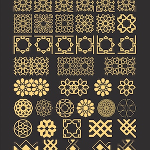 Pode incluir: Um conjunto de 40 padr&otilde;es geom&eacute;tricos em dourado sobre fundo preto. Os padr&otilde;es s&atilde;o inspirados na arte isl&acirc;mica e apresentam desenhos intrincados com motivos repetitivos.