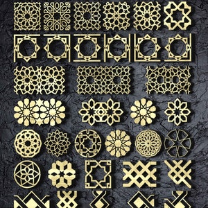 Pode incluir: Um conjunto de 30 elementos de design geom&eacute;trico dourados nos formatos SVG, DXF, AI, CDR, EPS e PDF. Os designs s&atilde;o intrincados e detalhados, com uma variedade de formas e padr&otilde;es.