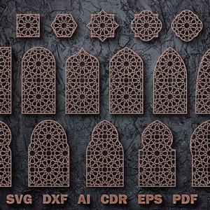 アラビア風モロッコ風イスラム幾何学模様の窓仕切りパネルセット SVG DXF & ベクターアウトラインテンプレートデザイン 4