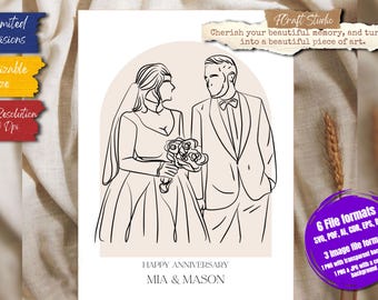 Retrato personalizado en estilo lineal, foto a dibujo, regalo de boda (descarga digital)