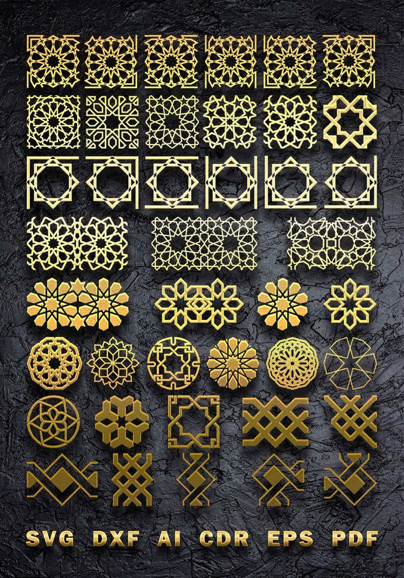 Pode incluir: Um conjunto de 40 padr&otilde;es geom&eacute;tricos dourados, incluindo quadrados, c&iacute;rculos e estrelas, com designs intrincados. Os padr&otilde;es s&atilde;o organizados em filas sobre um fundo cinza escuro. O texto "SVG DXF AI CDR EPS PDF" est&aacute; na parte inferior da imagem.