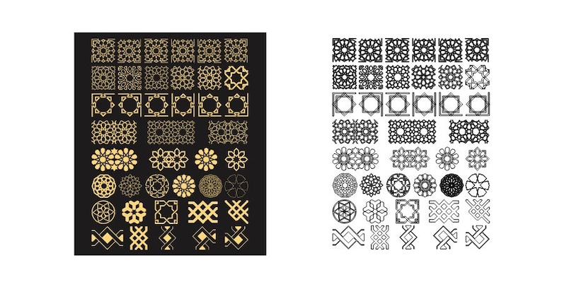 Pode incluir: Um conjunto de 48 padr&otilde;es geom&eacute;tricos em ouro e preto. Os padr&otilde;es est&atilde;o dispostos em linhas e colunas, e todos s&atilde;o de formas e tamanhos diferentes. Os padr&otilde;es s&atilde;o inspirados na arte isl&acirc;mica.