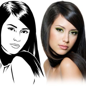May include: A black and white line drawing of a woman with long, straight hair. The woman is looking to the side and has a serious expression on her face.