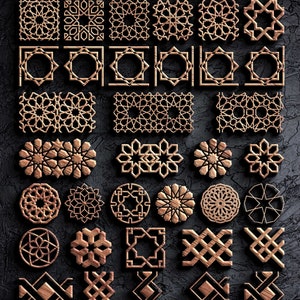 May include: A set of 30 intricate geometric designs in a copper color. The designs are arranged in rows on a dark gray background. The designs are in the style of Islamic art and would be great for use in crafts, home decor, or digital design.
