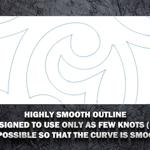 Puede incluir: Un fondo blanco con un dibujo de l&iacute;nea azul de una curva suave. La curva est&aacute; compuesta por varios arcos conectados. El texto debajo de la imagen dice: HIGHLY SMOOTH OUTLINE AND DESIGNED TO USE ONLY AS FEW KNOTS (NODES) AS POSSIBLE SO THAT THE CURVE IS SMOOTH.