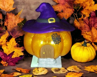Pumpkin House Trinket Jar with Witch Hat, Halloween Decor, Personalizable