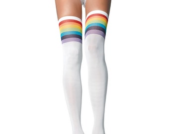 Women's Sexy White Opaque Hold Up Stockings with Rainbow Striped Tops Thigh High's Over The Knee Socks Adult Fancy Dress Athletic Lingerie