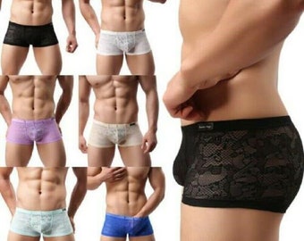 Men's Sexy Breathable Stretch Lace Low Rise Fitted Boxer Shorts Slinky Underwear Briefs Hot Pants Opaque Transparent Feminine Lingerie