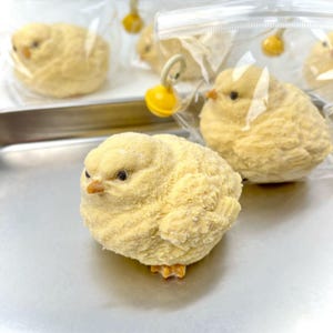 May include: Close-up of a yellow chick-shaped confection with a textured surface, small black eyes, and an orange beak. Several similar treats are visible in clear plastic bags, some with yellow decorative attachments. The treats are on a silver tray.