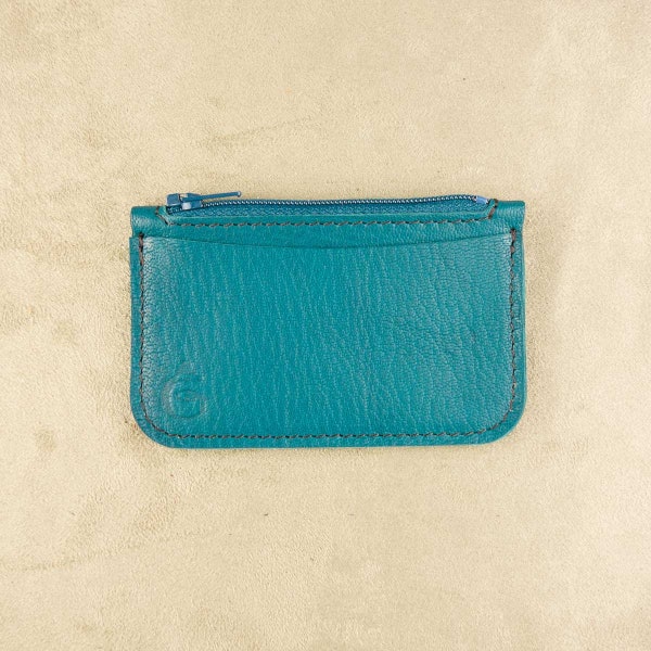 Porte-monnaie en cuir bleu canard - Artisanat d'art - Pièce unique - Upcycling - Cuir véritable