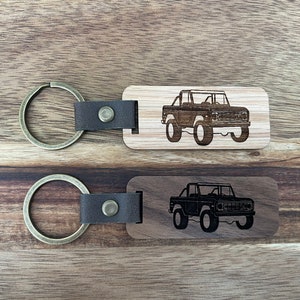 classic car key chain, bronco, custom engraved, wooden keychain, Ford