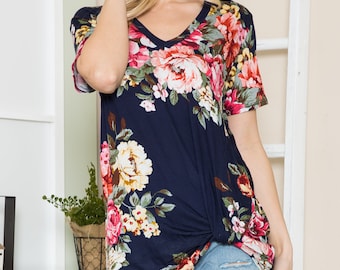 V-Neck Basic Short Sleeve Floral Top with Side Tie