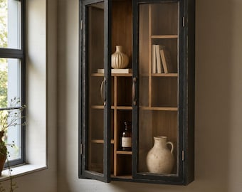 Wall-Mounted Display Cabinet – Vintage Glass Cabinet with Antique Black Finish | Rustic Wooden Storage Cabinet