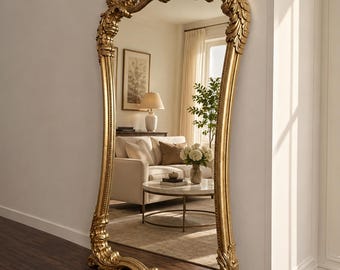 Large Ornate Gold Floor Mirror – Vintage Baroque Full Length Mirror for Bedroom, Living Room, Entryway
