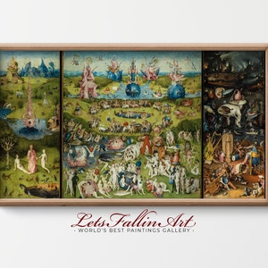 May include: A triptych painting depicting the Garden of Eden, the Fall of Man, and Hell. The left panel shows Adam and Eve in the Garden of Eden, the middle panel shows the Fall of Man, and the right panel shows Hell. The painting is full of detail and symbolism, and is a classic example of Renaissance art.