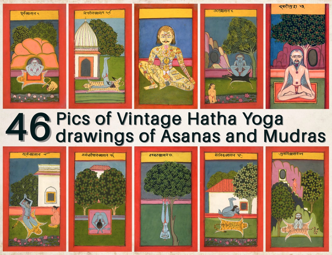 46 Pcs of Hatha Yoga Postures Vintage Yoga Art Chakras Retro Prints