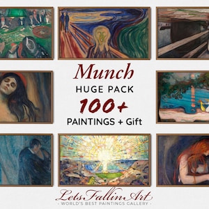 Puede incluir: Un collage de nueve pinturas enmarcadas de Edvard Munch, incluyendo "El Grito", "El Beso" y "La Danza de la Vida". El texto "Munch HUGE PACK 100+ PAINTINGS + Gift" se muestra en letras rojas. El texto "Lets Fallin Art - WORLD'S BEST PAINTINGS GALLERY -" se muestra en letras rojas en cursiva.