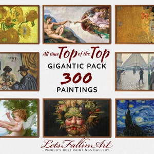Puede incluir: Un collage de nueve pinturas enmarcadas, incluyendo obras famosas como La noche estrellada de Van Gogh, La creación de Adán de Miguel Ángel y El beso de Gustav Klimt. El texto "All time Top of the Top GIGANTIC PACK 300 PAINTINGS Lets Fallin Art - WORLD'S BEST PAINTINGS GALLERY -" se muestra en el centro de la imagen.