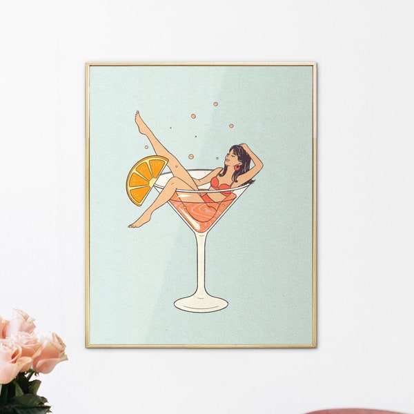 Retro Woman in Cocktail Print, Bart Cart Accessories, 60s 70s 80s Wall Decor Print, Digital Download, Trendy Wall Art, Martini Bar Prints