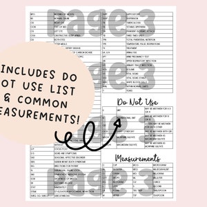 May include: A white paper with medical abbreviations, a "Do Not Use" list, and common measurements. The text "Includes Do Not Use List & Common Measurements!" is in a pink circle. The paper is designed for medical professionals.