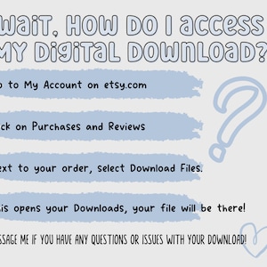 May include: A light gray graphic with instructions on how to access a digital download. The text includes "Wait, How Do I access My Digital Download?" and steps to find the file on Etsy. A question mark and heart are also included.