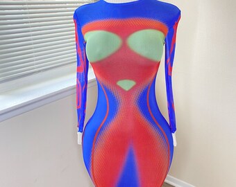 Womens Blue Red Midi Dress | Sheer High Neck Long sleeves | Trendy Party & Streetwear Fashion