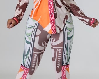 Womens Abstract Print Pants Set – Long Sleeve Button Top, High Waisted Leggings