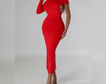 Stylish One Sleeve Red Maxi Dress | Sexy One-Piece for Winter Fall Events