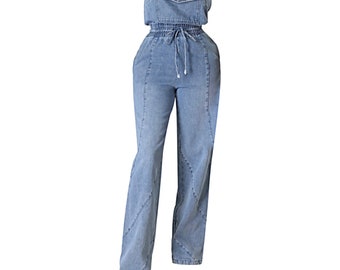 Strapless Denim Jumpsuit, Wide Leg Romper, Elastic Waist
