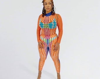 Polka Dot Long Sleeve Bodysuit Orange Legging Set - Sheer Detail Stretchy Fit