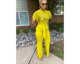 Lime Green Cotton Spandex Romper, Wide Leg Jumpsuit