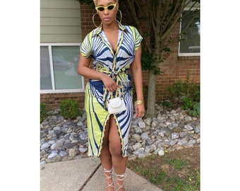 Printed Summer Midi Dress, Vacation Style with Belt