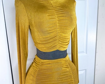Gold Two Piece Set - Ruched Long Sleeve Crop Top and Bodycon Skirt