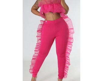 Pink Ruffle Set, Strapless Crop Top, High Waist Leggings