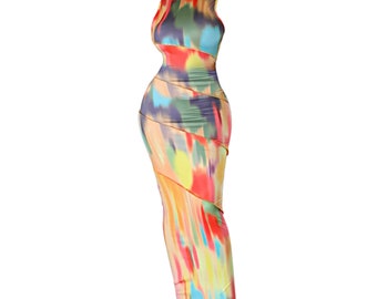 Tie Dye Bodycon Dress, Sleeveless Rainbow Maxi