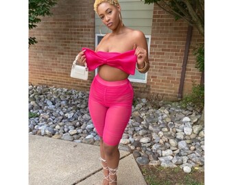 Hot Pink Bow Top Set, Sheer Leggings and Zipper Top