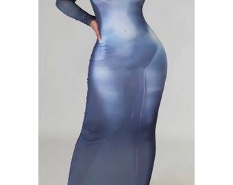 Long Sleeve Maxi Dress with Silhouette Print | Casual Fitted Women's Fashion | Streetwear Club Wear