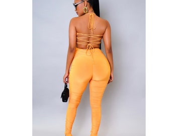 Orange Lace-Up Back Romper, Stretchy Chic Playsuit