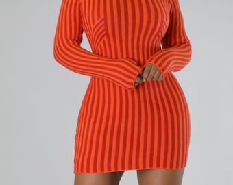 Striped Knit Mini Dress - Turtleneck Sweater Dress