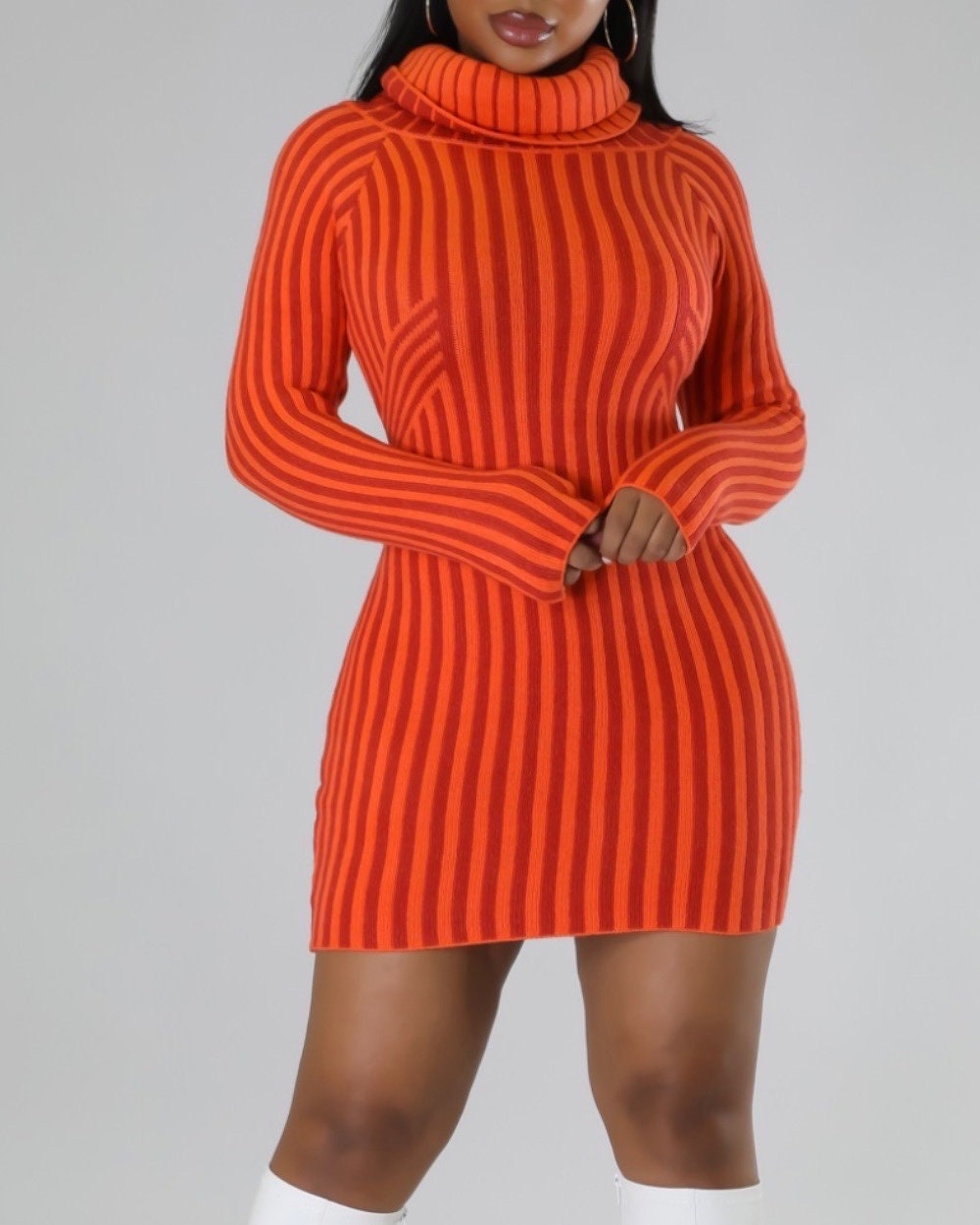 Striped Knit Mini Dress - Turtleneck Sweater Dress