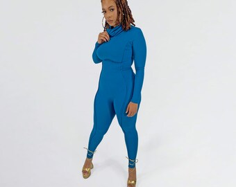 Womens Blue Turtle Neck Jumpsuit | Stretchy Long Sleeve One-Piece for Fall & Winter