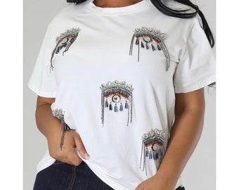 Minimalist Shortsleeves White Womens Top, Rhinestone Loose Fitting Thick Streetwear Top, Casual Fun Tshirt