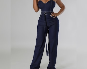 Stylish Wide Leg Jumpsuit - Women's Sleeveless Design with Sweetheart Neckline, Belt & Pockets