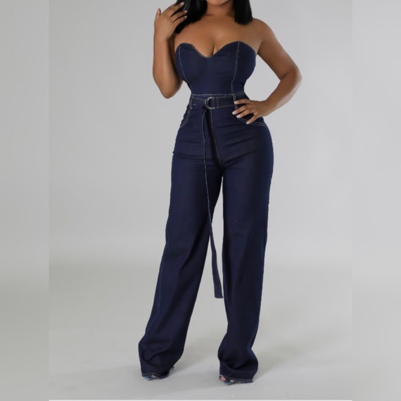 SWEETHEART NECKLINE Wide Leg Blue Formal JUMPSUIT Romper for