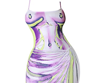 Retro Body Graphic Mini Dress, Purple White Sleeveless