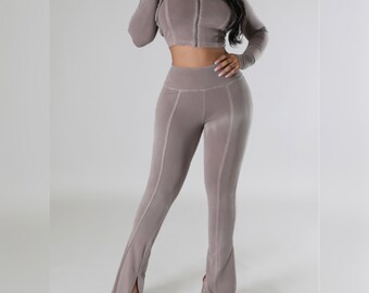 High Waisted Pant Set, V-Neck Cropped Hoodie, Slit Hem